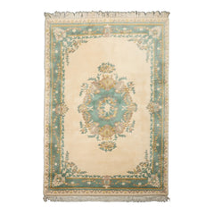 6x9 Ivory, Turquoise, Gold Color Hand Knotted French Aubusson Savonnerie Wool Traditional Oriental Rug