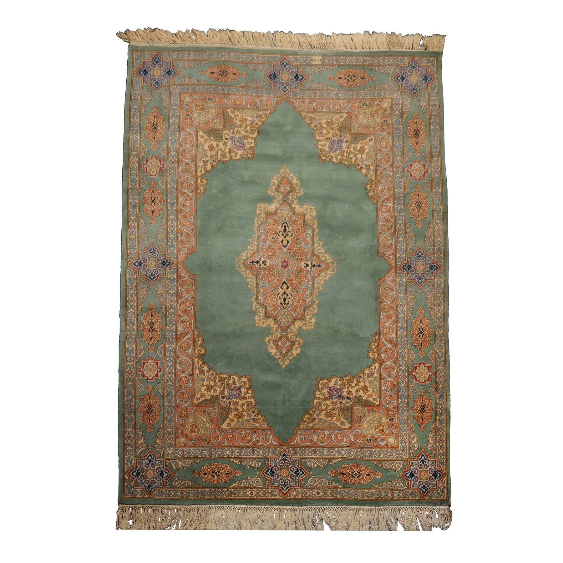 6x9 Aqua, Rose, Peach Color Hand Knotted Kerman New Zealand Wool Traditional Oriental Rug
