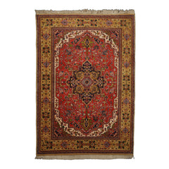 6x9 Orange, Navy, Gold Color Hand Knotted Serapi New Zealand Wool Traditional Oriental Rug