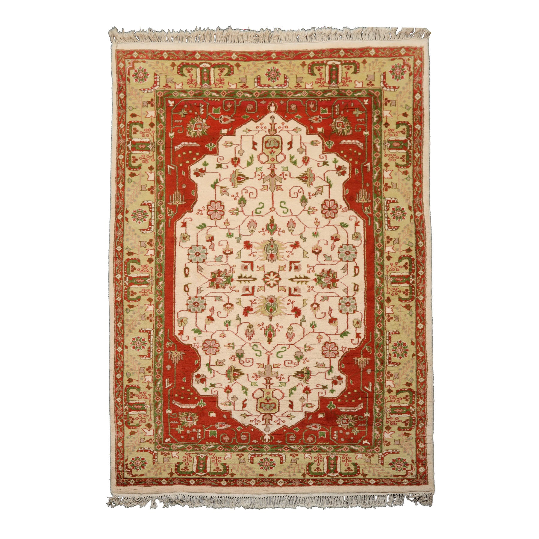 6x9 Ivory, Orange, Pistacchio Color Hand Knotted Kerman New Zealand Wool Traditional Oriental Rug