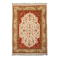 6x9 Ivory, Orange, Pistacchio Color Hand Knotted Kerman New Zealand Wool Traditional Oriental Rug