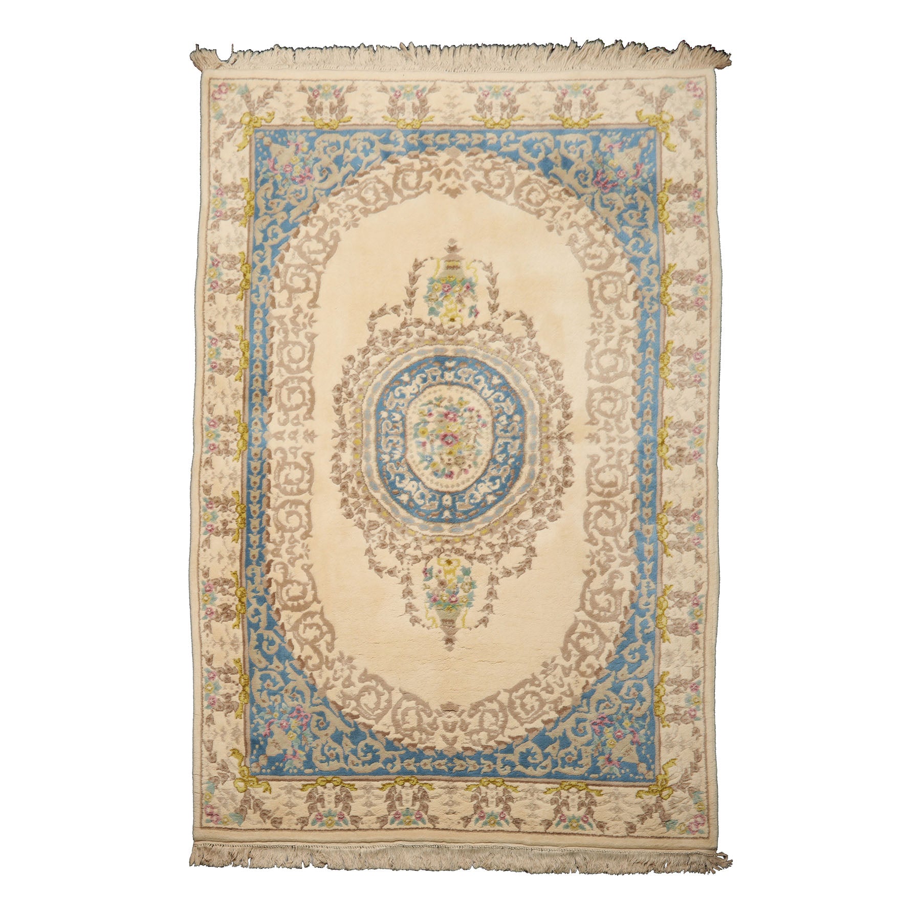 6x9 Ivory, Aqua, Lime Color Hand Knotted French Aubusson Savonnerie Wool Traditional Oriental Rug