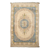 6x9 Ivory, Aqua, Lime Color Hand Knotted French Aubusson Savonnerie Wool Traditional Oriental Rug