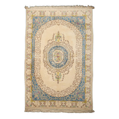 6x9 Ivory, Aqua, Lime Color Hand Knotted French Aubusson Savonnerie Wool Traditional Oriental Rug