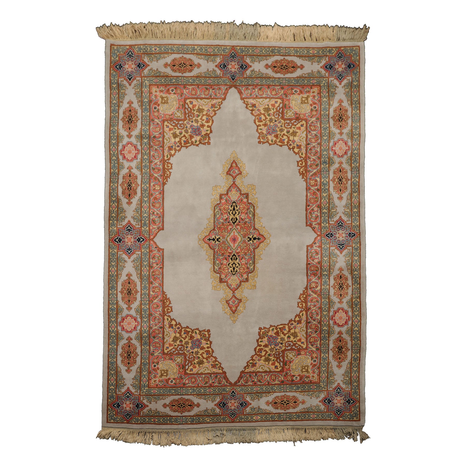 6x9 Gray, Coral, Turquoise Color Hand Knotted Kerman Wool Traditional Oriental Rug