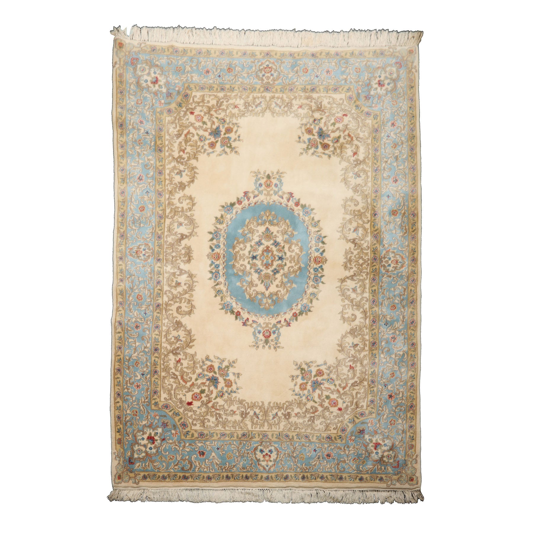 6x9 Ivory, Turquoise, Tan Color Hand Knotted Kerman New Zealand Wool Traditional Oriental Rug