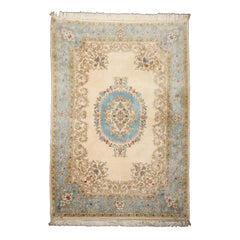 6x9 Ivory, Turquoise, Tan Color Hand Knotted Kerman New Zealand Wool Traditional Oriental Rug