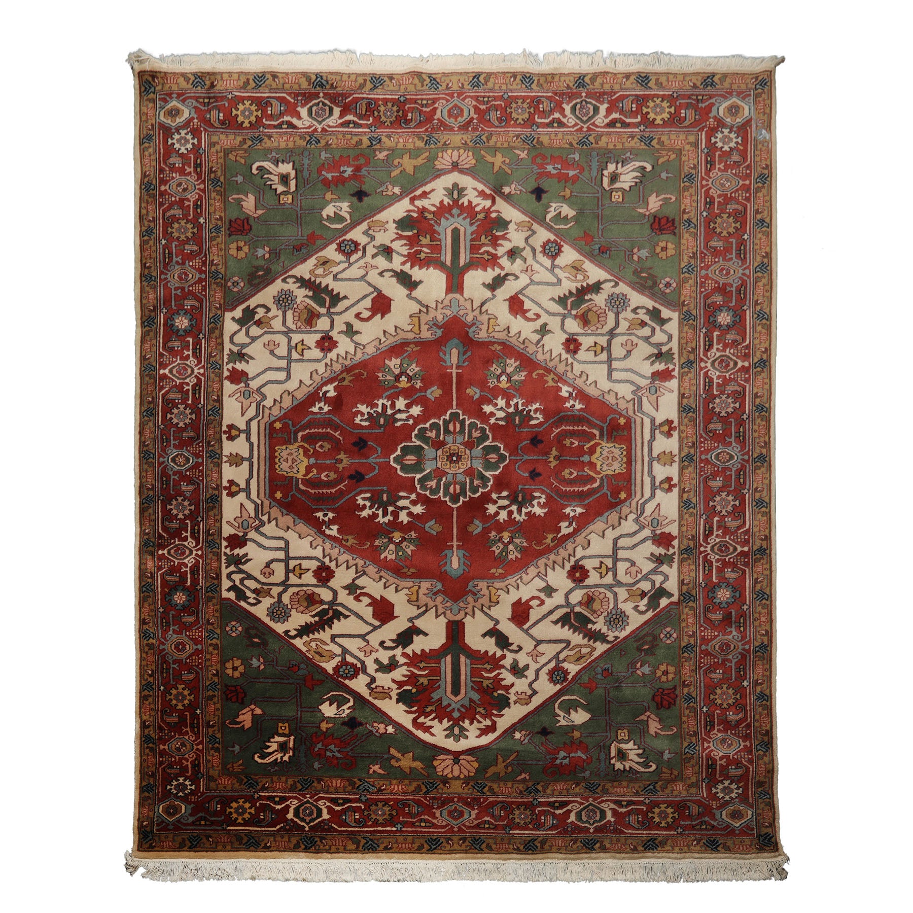 8x10 Ivory, Rust, Green Color Hand Knotted Arts & Crafts New Zealand Wool Arts & Crafts Oriental Rug