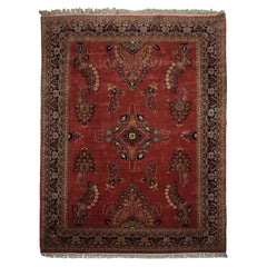 Multi Size Rose Midnight Blue Ivory Color Hand Knotted Sarouk New Zealand Wool Traditional Oriental Rug