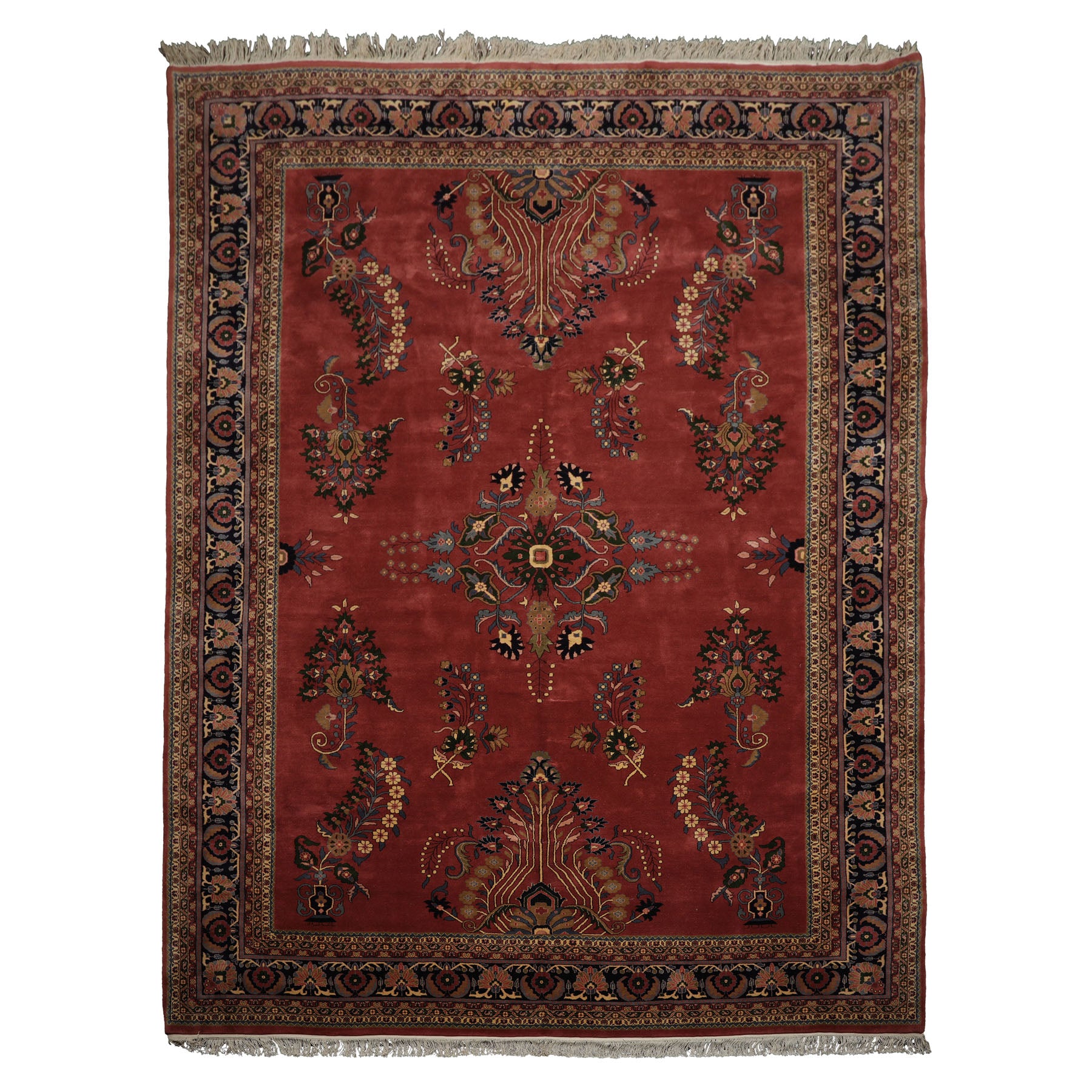 Multi Size Rose Midnight Blue Ivory Color Hand Knotted Sarouk New Zealand Wool Traditional Oriental Rug