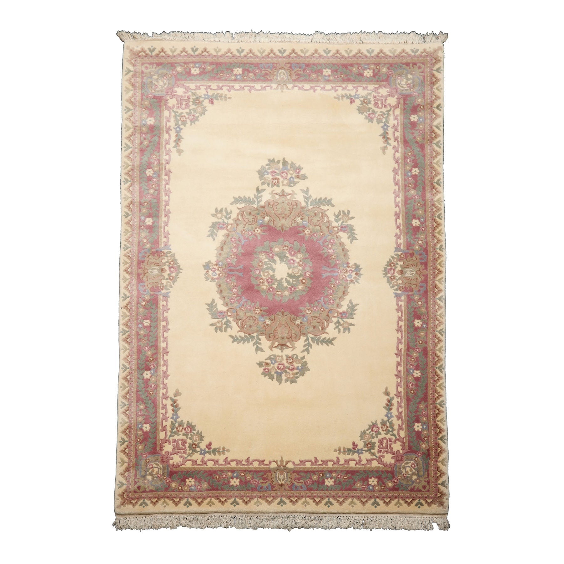6x9 Ivory, Plum, Teal Color Hand Knotted Kerman New Zealand Wool Traditional Oriental Rug
