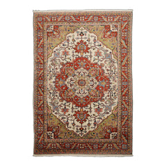 6x9 Ivory, Burnt Orange, Lime Color Hand Knotted Heriz Wool Arts & Crafts Oriental Rug