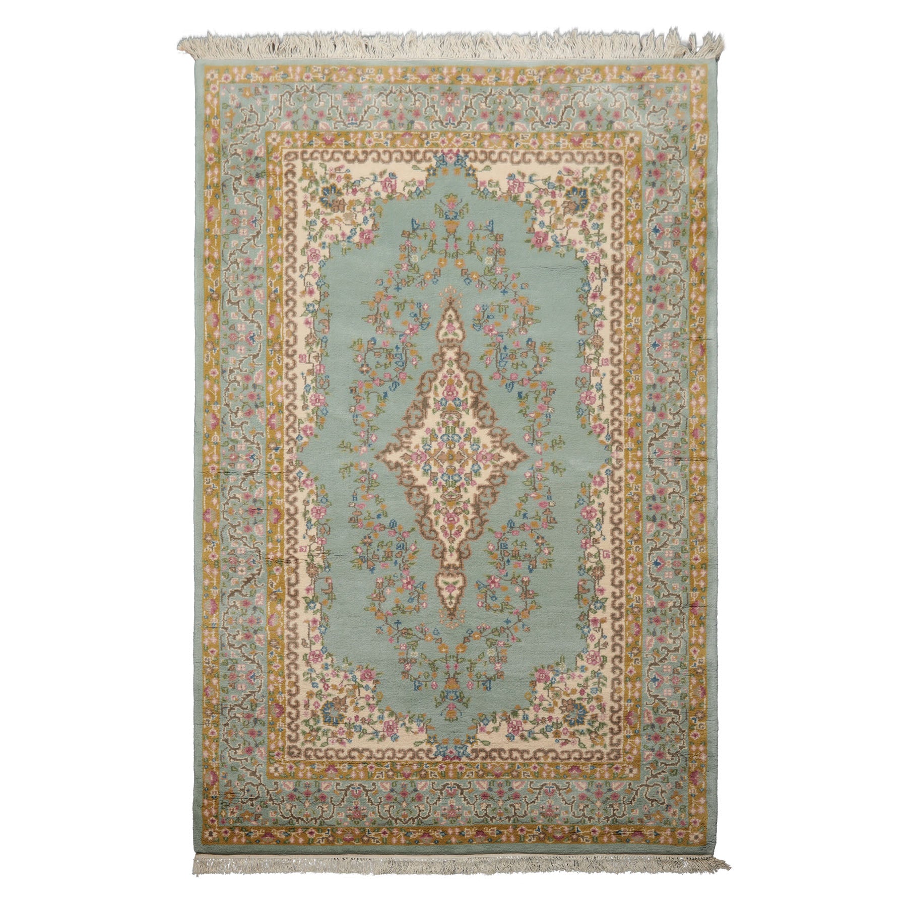 6x9 Aqua, Gold, Ivory Color Hand Knotted Kerman New Zealand Wool Traditional Oriental Rug