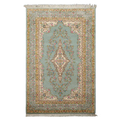 6x9 Aqua, Gold, Ivory Color Hand Knotted Kerman New Zealand Wool Traditional Oriental Rug