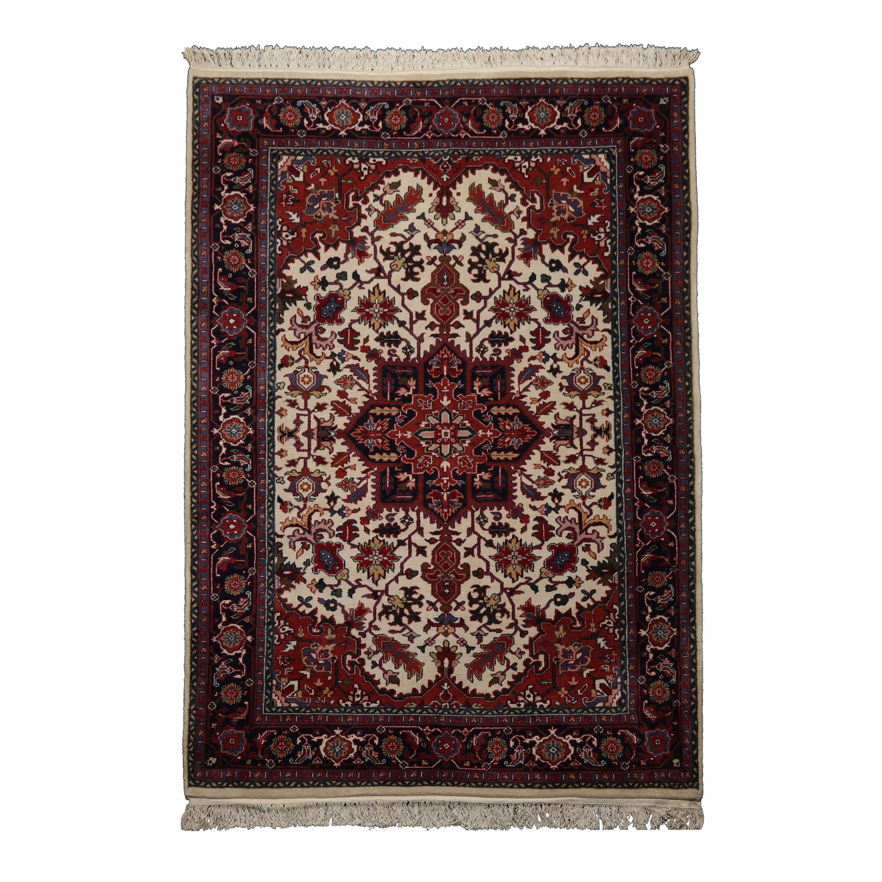6x9 Ivory, Midnight Blue, Rust Color Hand Knotted Heriz Wool Arts & Crafts Oriental Rug