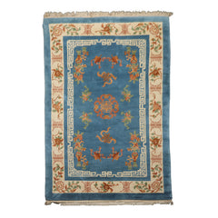 6x9 Blue, Ivory, Peach Color Hand Knotted Chinese Art Deco New Zealand Wool Traditional Oriental Rug