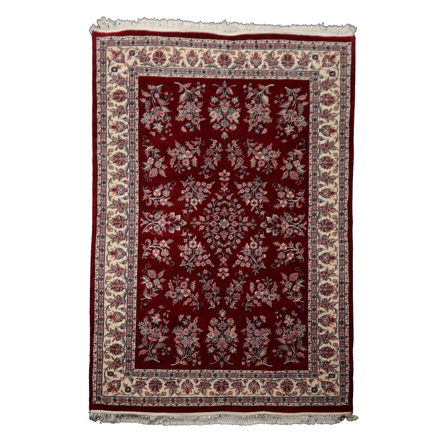 6x9 Maroon, Ivory, Aqua Color Hand Knotted Sarouk New Zealand Wool Traditional Oriental Rug