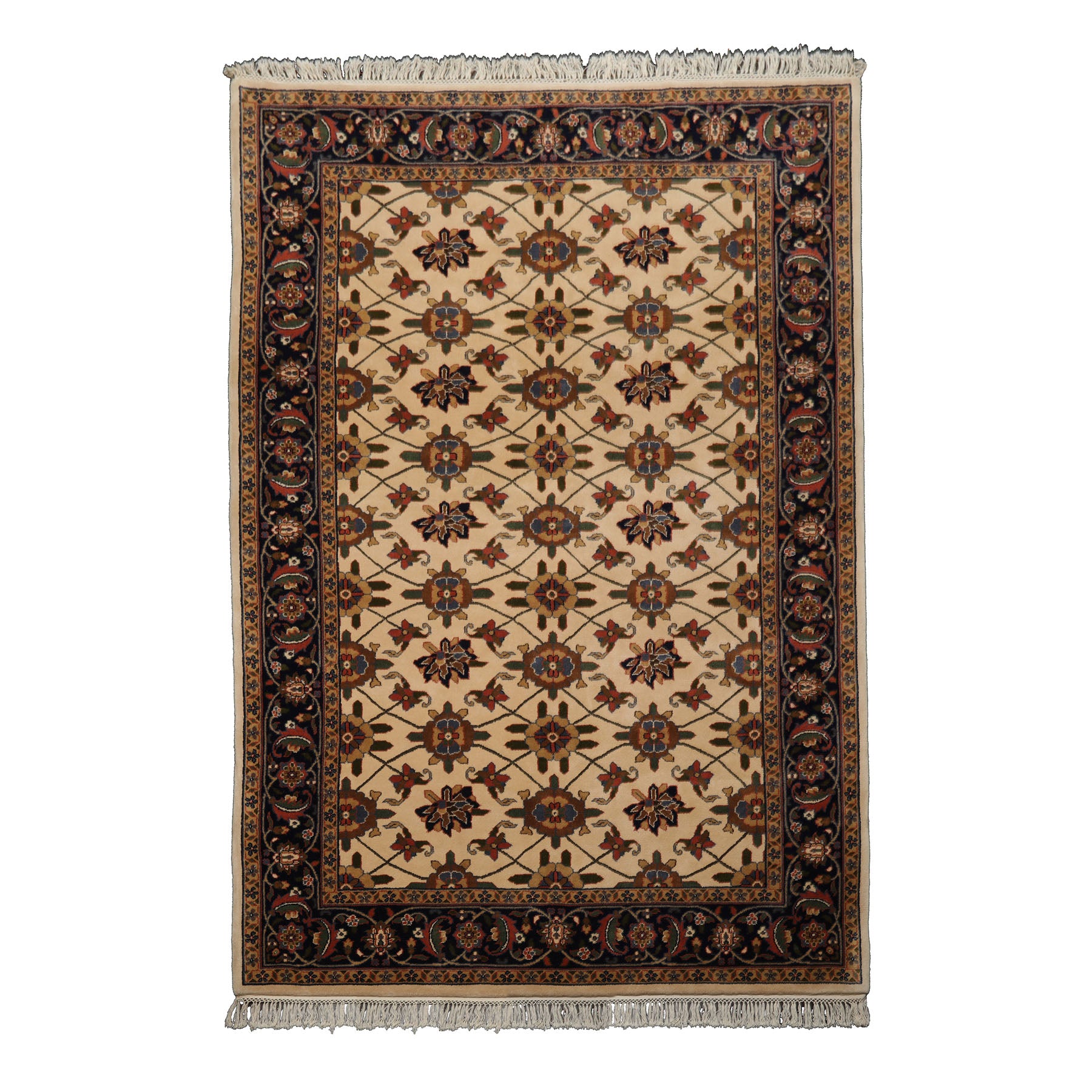 6x9 Ivory, Navy, Green Color Hand Knotted Agra Wool Traditional Oriental Rug