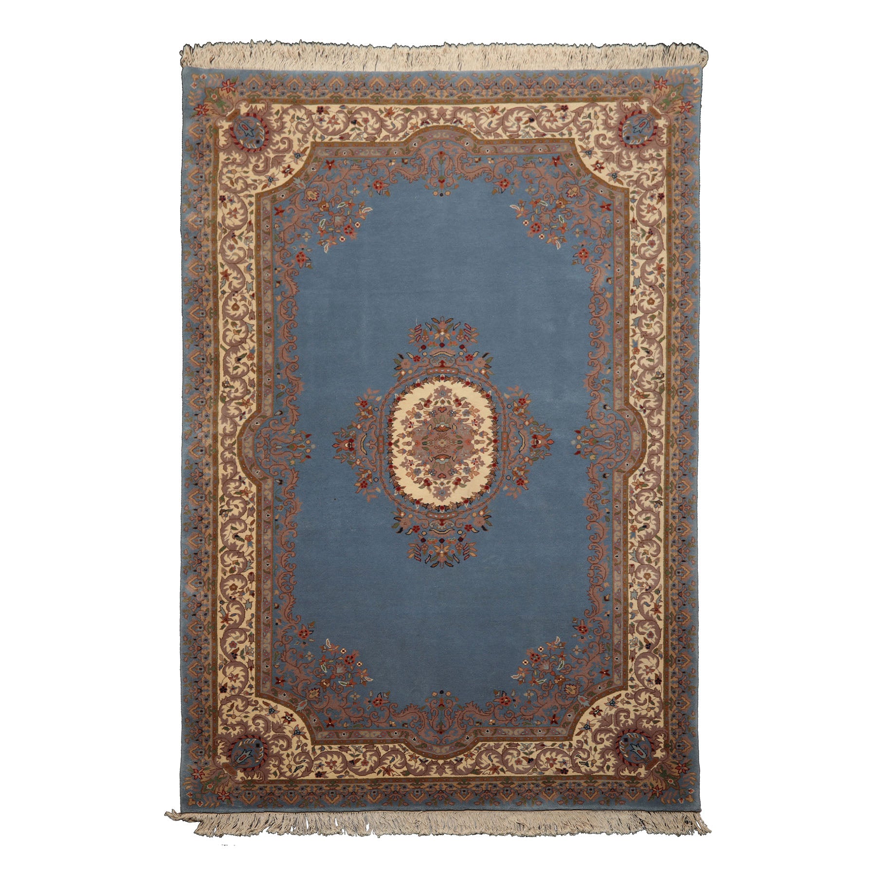 6x9 Blue, Ivory, Taupe Color Hand Knotted French Aubusson Savonnerie Wool Traditional Oriental Rug