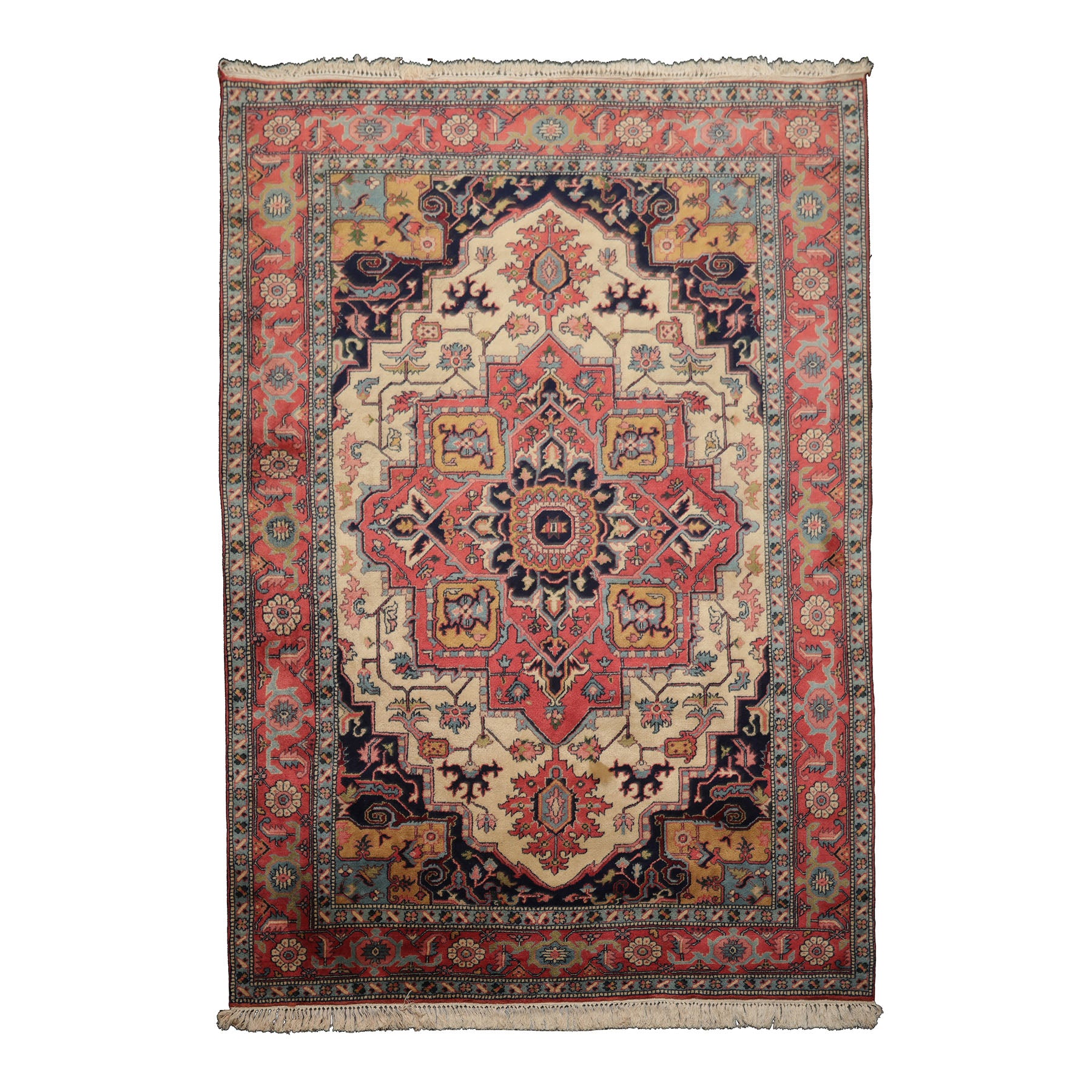 6x9 Pink, Ivory, Midnight Blue Color Hand Knotted Heriz New Zealand Wool Arts & Crafts Oriental Rug