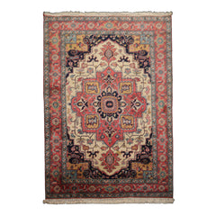 6x9 Pink, Ivory, Midnight Blue Color Hand Knotted Heriz New Zealand Wool Arts & Crafts Oriental Rug