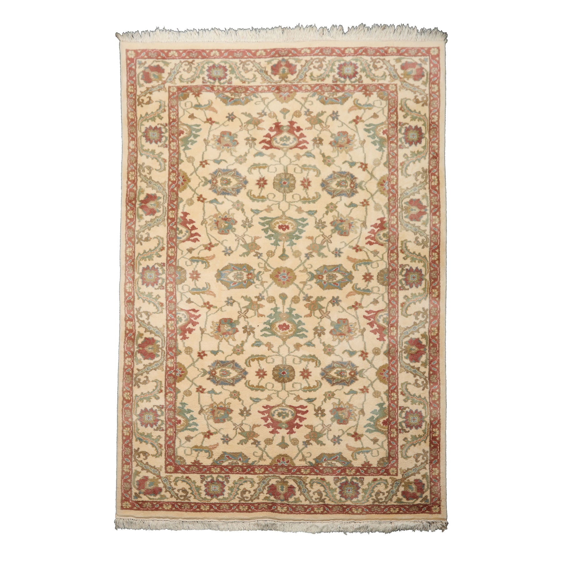 6x9 Ivory, Raspberry, Aqua Color Hand Knotted Oushak New Zealand Wool Arts & Crafts Oriental Rug