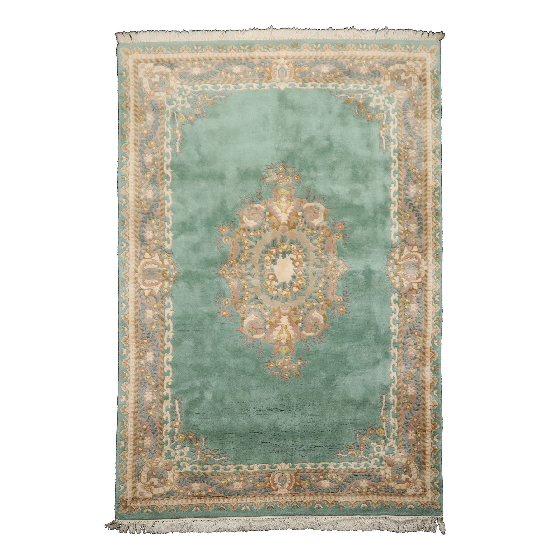 6x9 Aqua, Ivory, Taupe Color Hand Knotted French Aubusson Savonnerie New Zealand Wool Traditional Oriental Rug