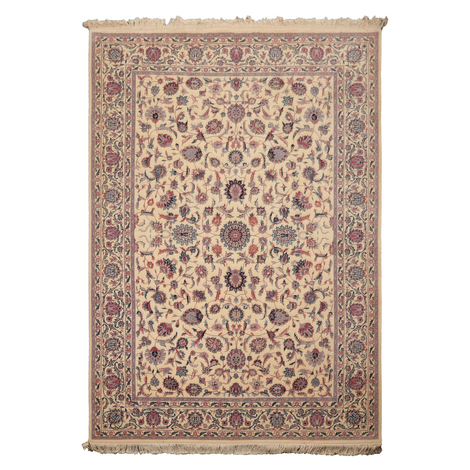 6x9 Ivory, Rose, Blue Color Hand Knotted Kashan New Zealand Wool Traditional Oriental Rug