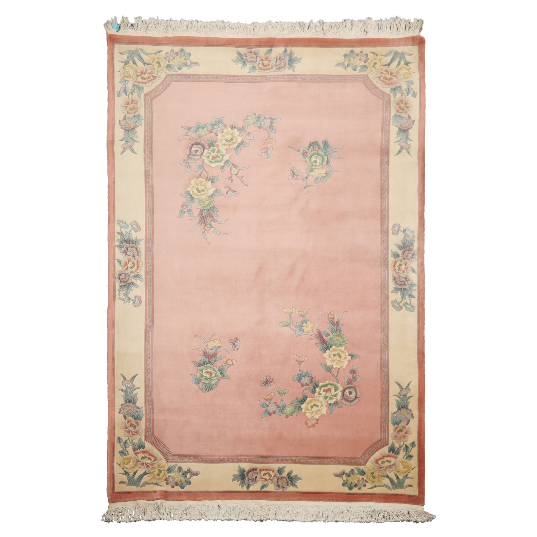5x8 Rose, Ivory, Aqua Color Hand Knotted French Aubusson Savonnerie Wool Traditional Oriental Rug