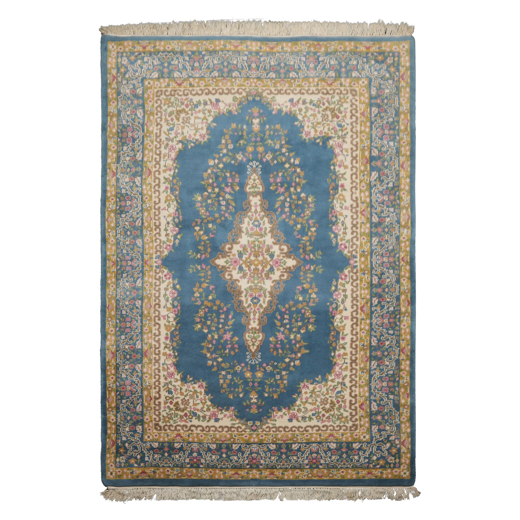 6x9 Blue, Ivory, Gold Color Hand Knotted Kerman New Zealand Wool Traditional Oriental Rug