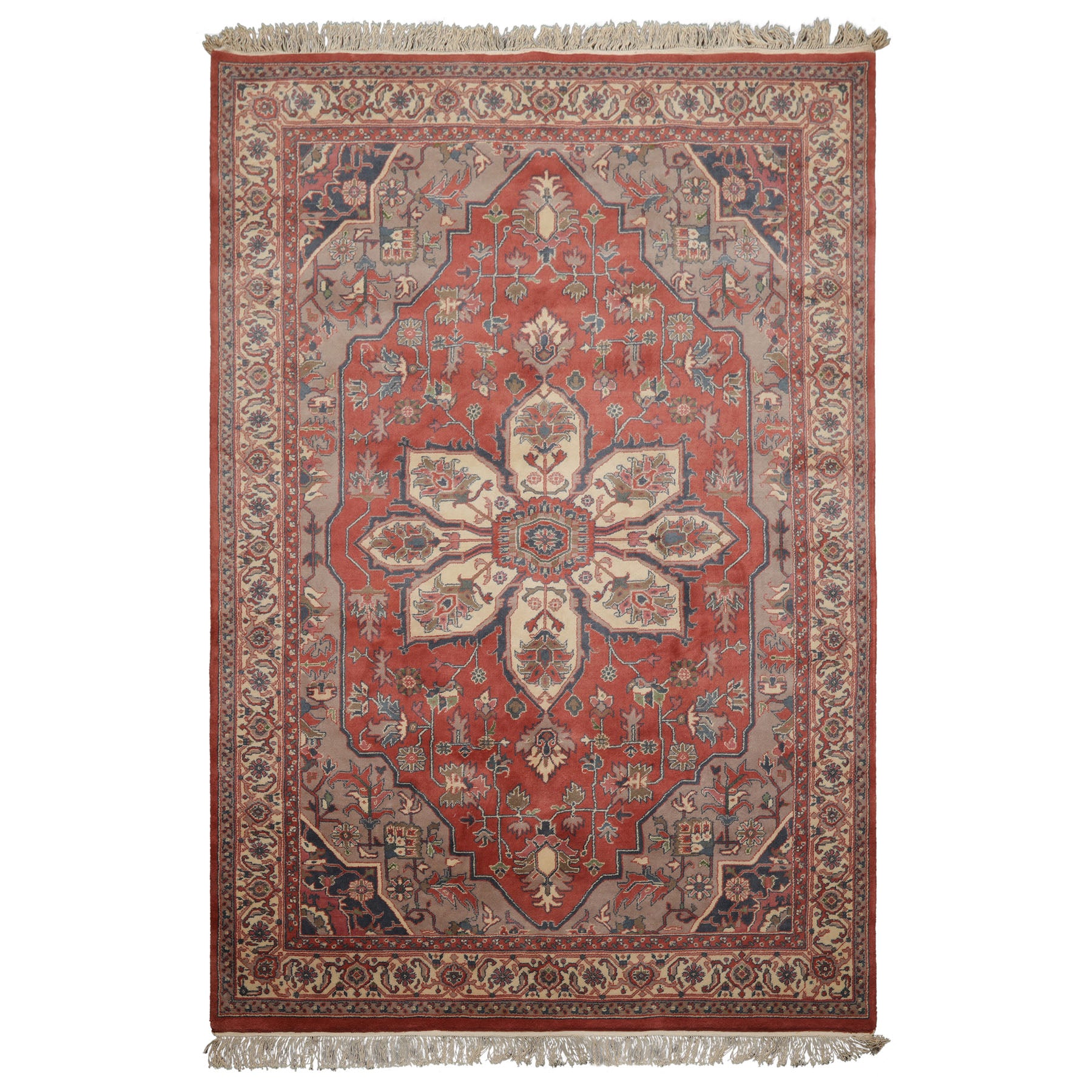 6x9 Rose, Ivory, Taupe Color Hand Knotted Heriz New Zealand Wool Traditional Oriental Rug