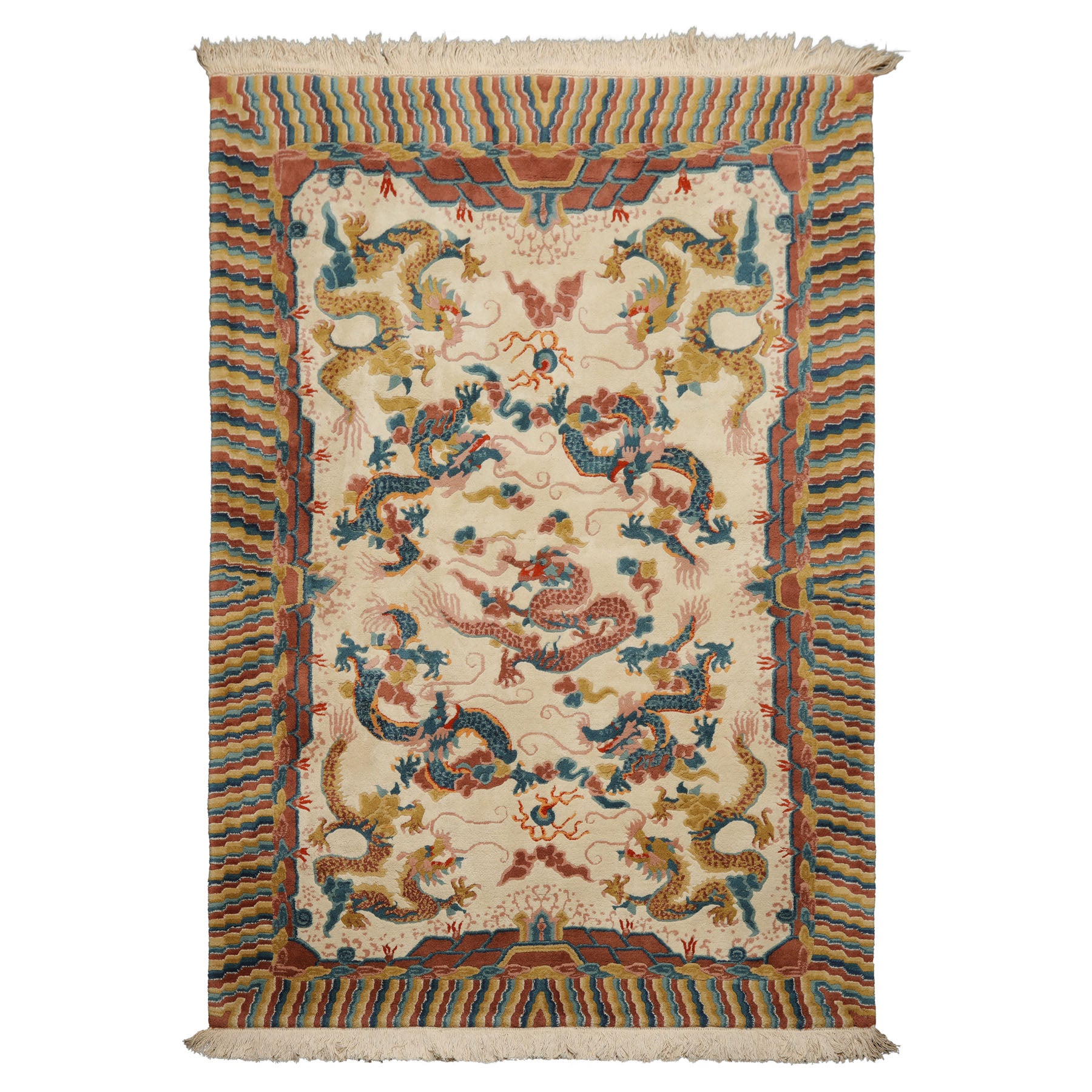 6x9 Ivory, Gold, Brown Color Hand Knotted Tibetan New Zealand Wool Chinese Art Deco Oriental Rug