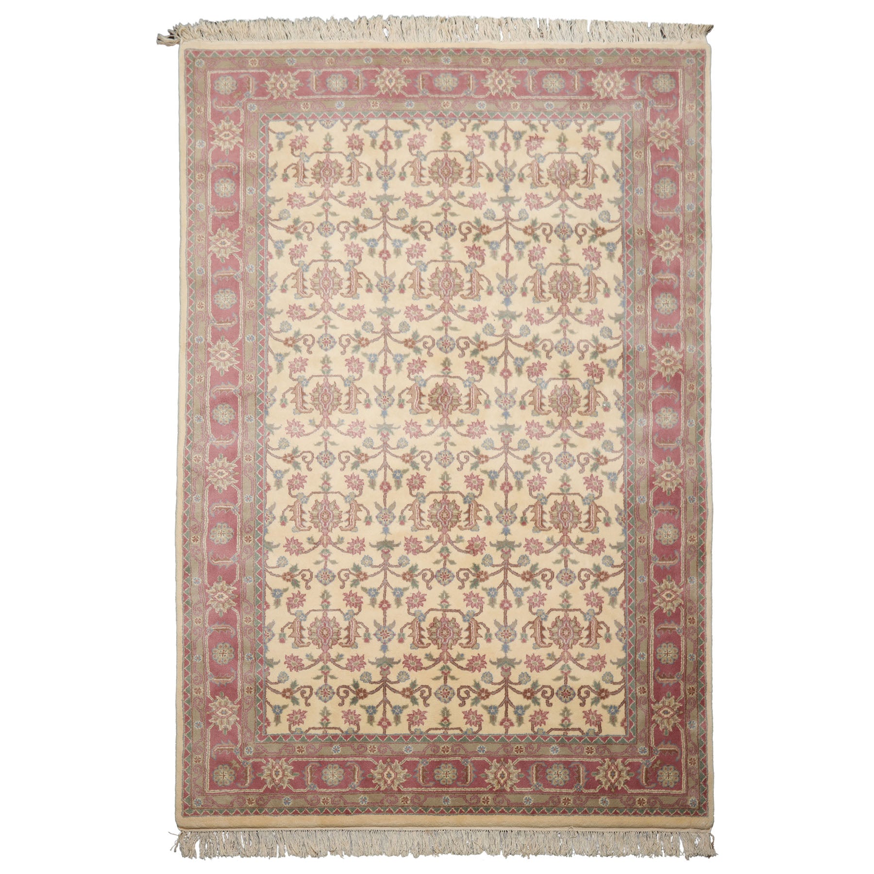 6x9 Ivory, Plum, Aqua Color Hand Knotted Herati New Zealand Wool Traditional Oriental Rug