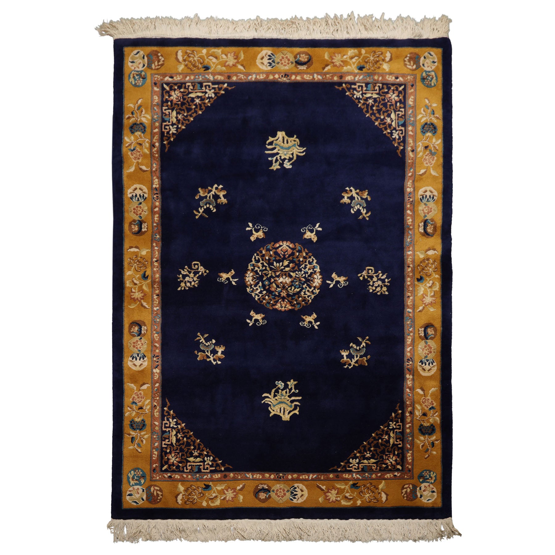 6x9 Navy, Gold, Ivory Color Hand Knotted Chinese Art Deco Wool Traditional Oriental Rug