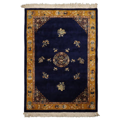 6x9 Navy, Gold, Ivory Color Hand Knotted Chinese Art Deco Wool Traditional Oriental Rug