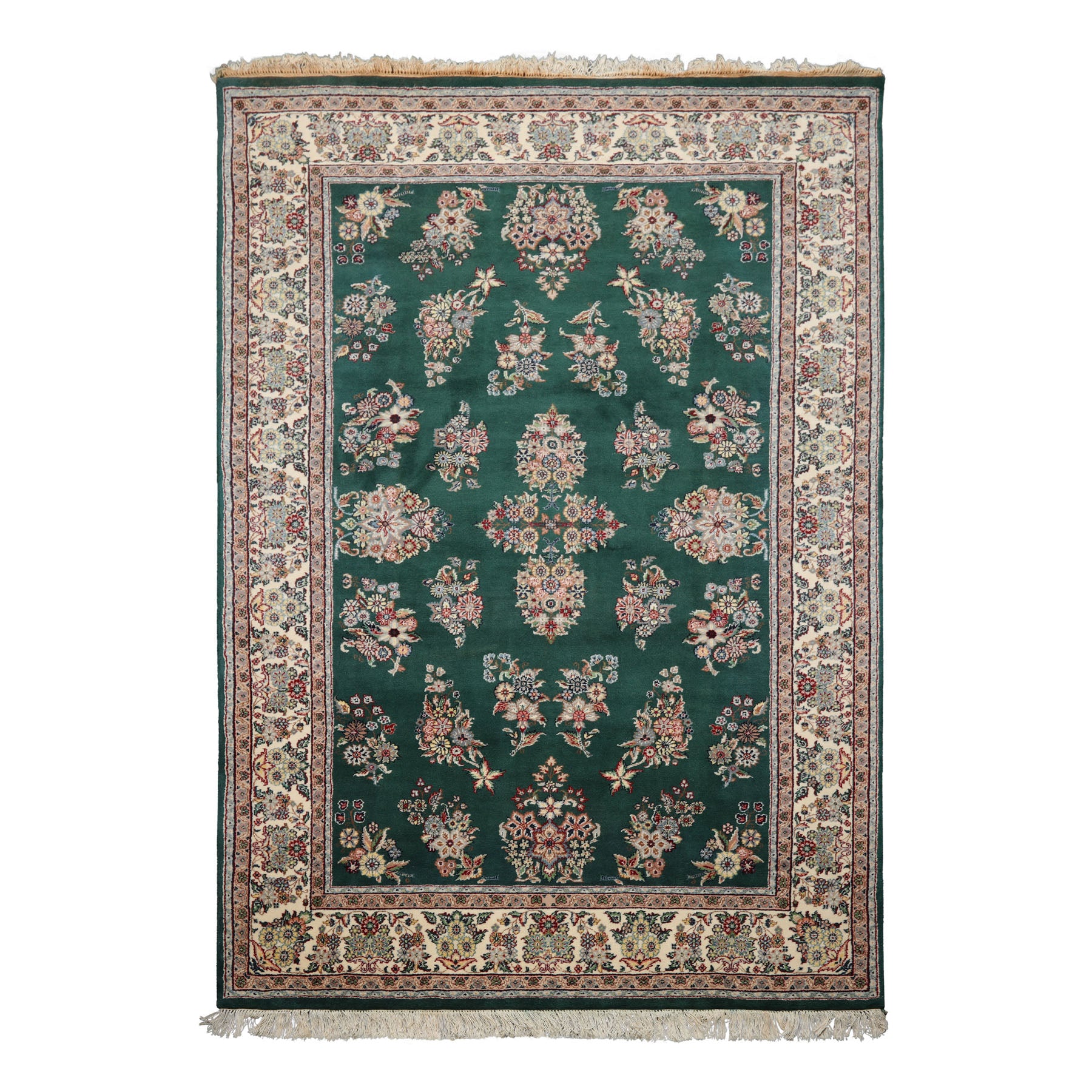 6x9 Emerald, Ivory, Rose Color Hand Knotted Kerman New Zealand Wool Traditional Oriental Rug