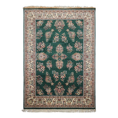 6x9 Emerald, Ivory, Rose Color Hand Knotted Kerman New Zealand Wool Traditional Oriental Rug