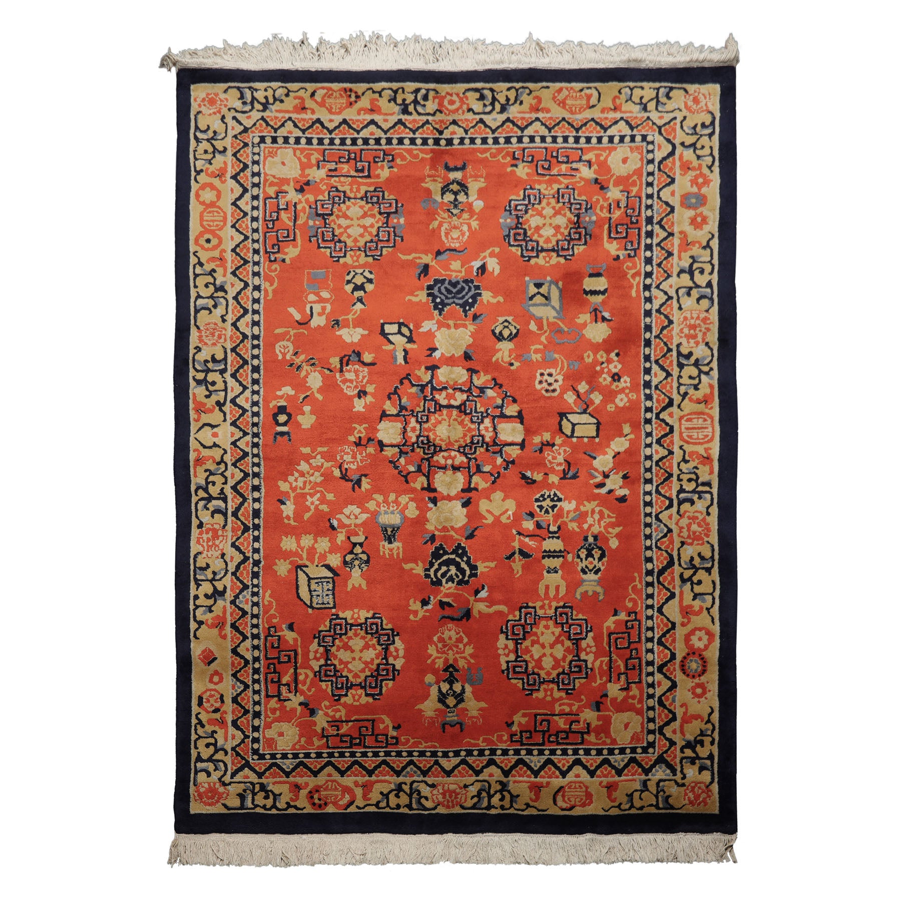 6x9 Orange, Navy, Gold Color Hand Knotted Chinese Art Deco New Zealand Wool Traditional Oriental Rug