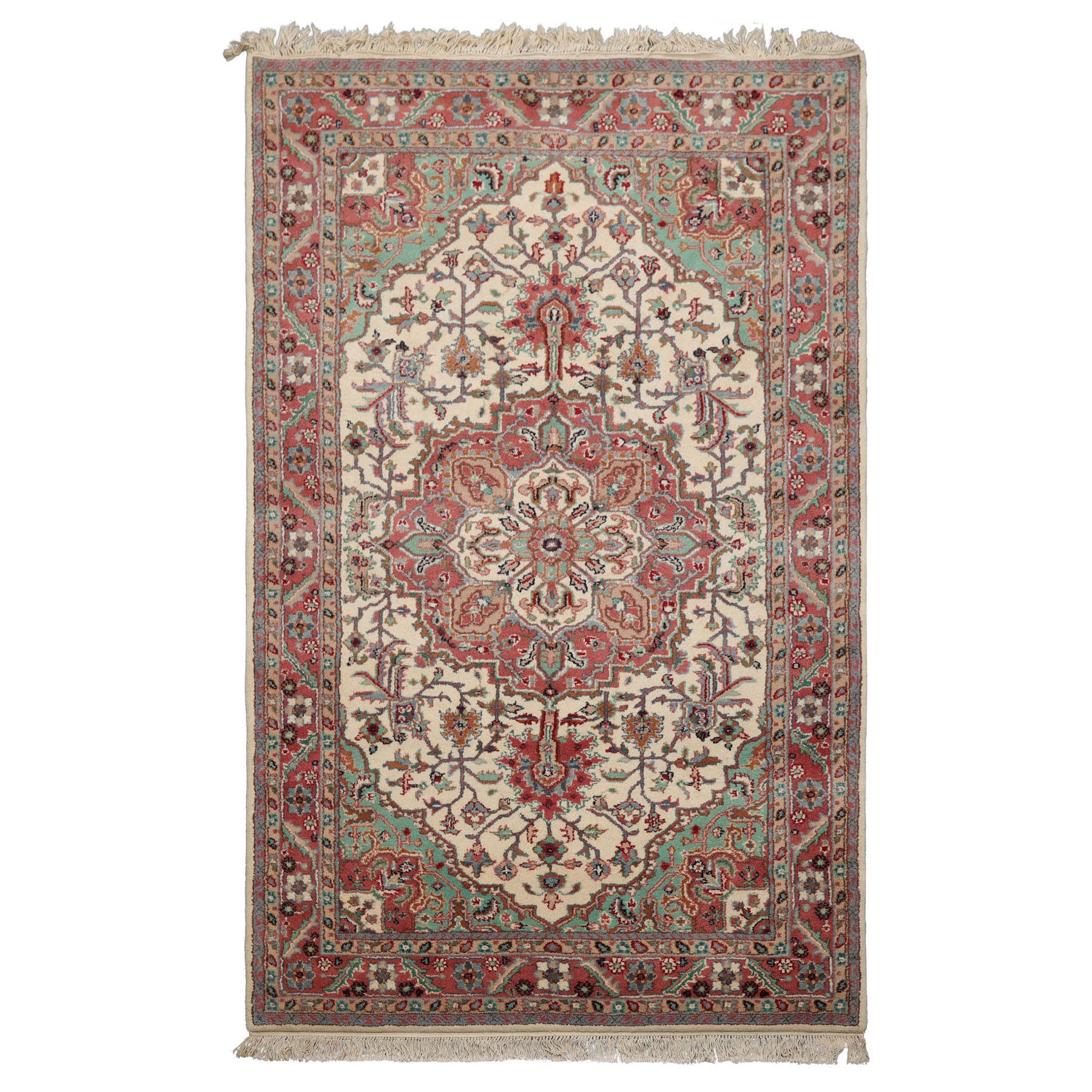 5x8 Ivory, Rose, Aqua Color Hand Knotted Tabriz Wool Traditional Oriental Rug