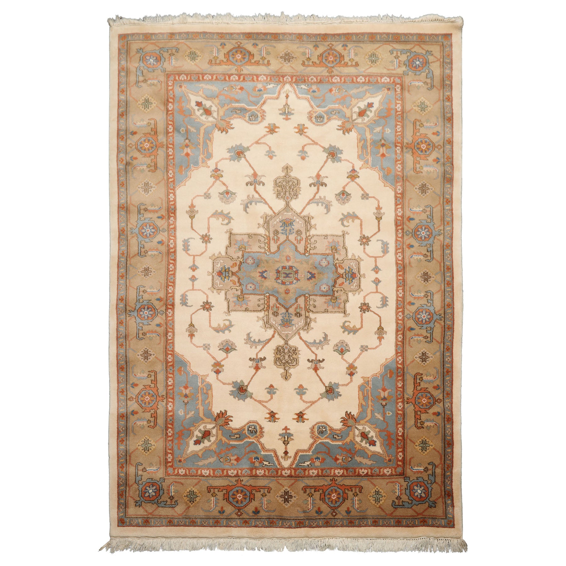 6x9 Ivory, Tan, Blue Color Hand Knotted Heriz New Zealand Wool Traditional Oriental Rug