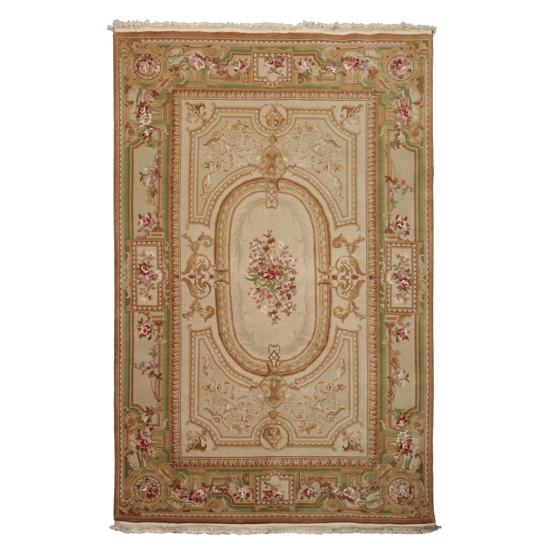 5x8 Beige, Tan, Green Color Hand Woven Aubusson Savonnerie Wool Traditional Oriental Rug