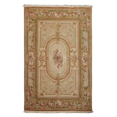 5x8 Beige, Tan, Green Color Hand Woven Aubusson Savonnerie Wool Traditional Oriental Rug
