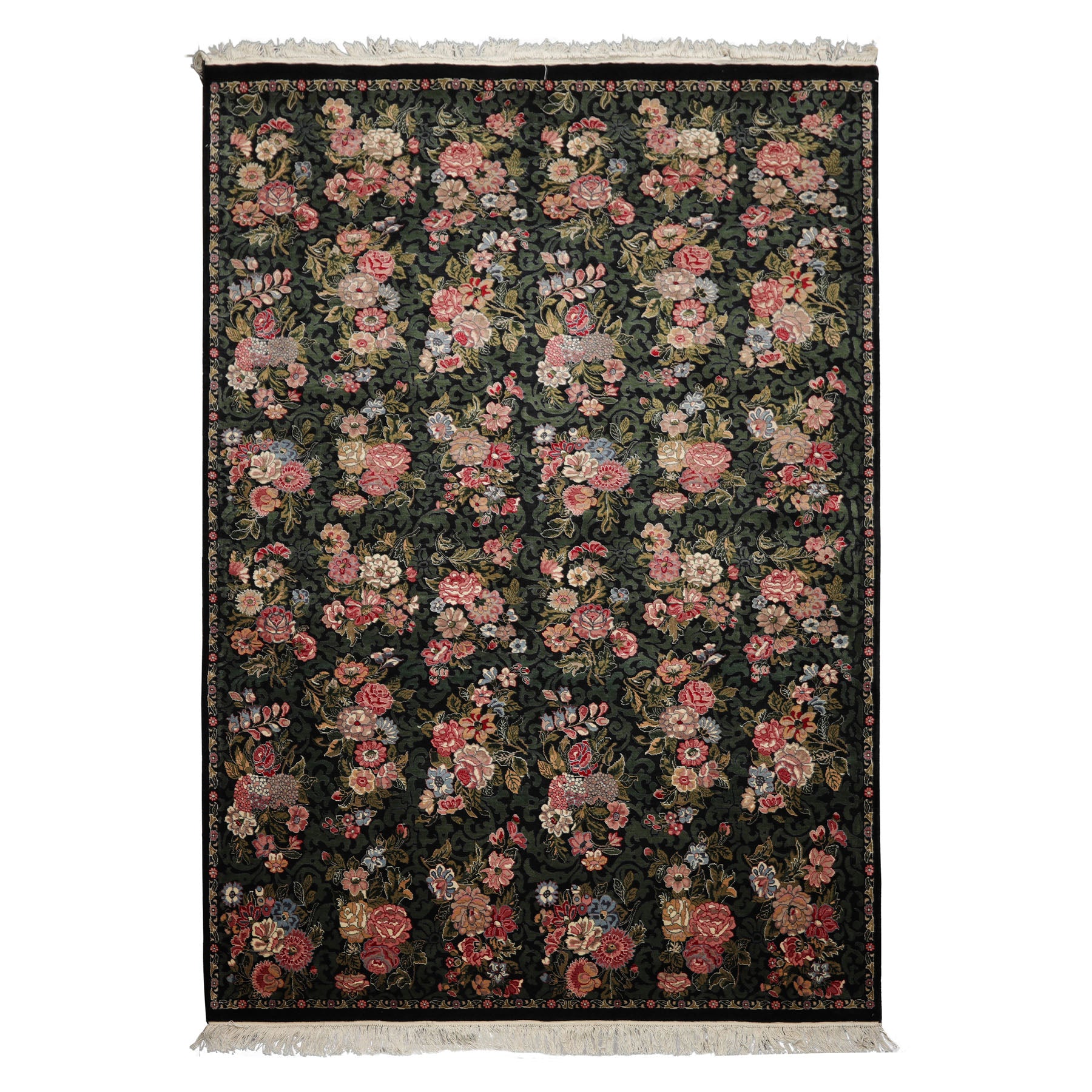 6x9 Black, Green, Ivory Color Hand Knotted Aubusson Savonnerie Wool Traditional Oriental Rug