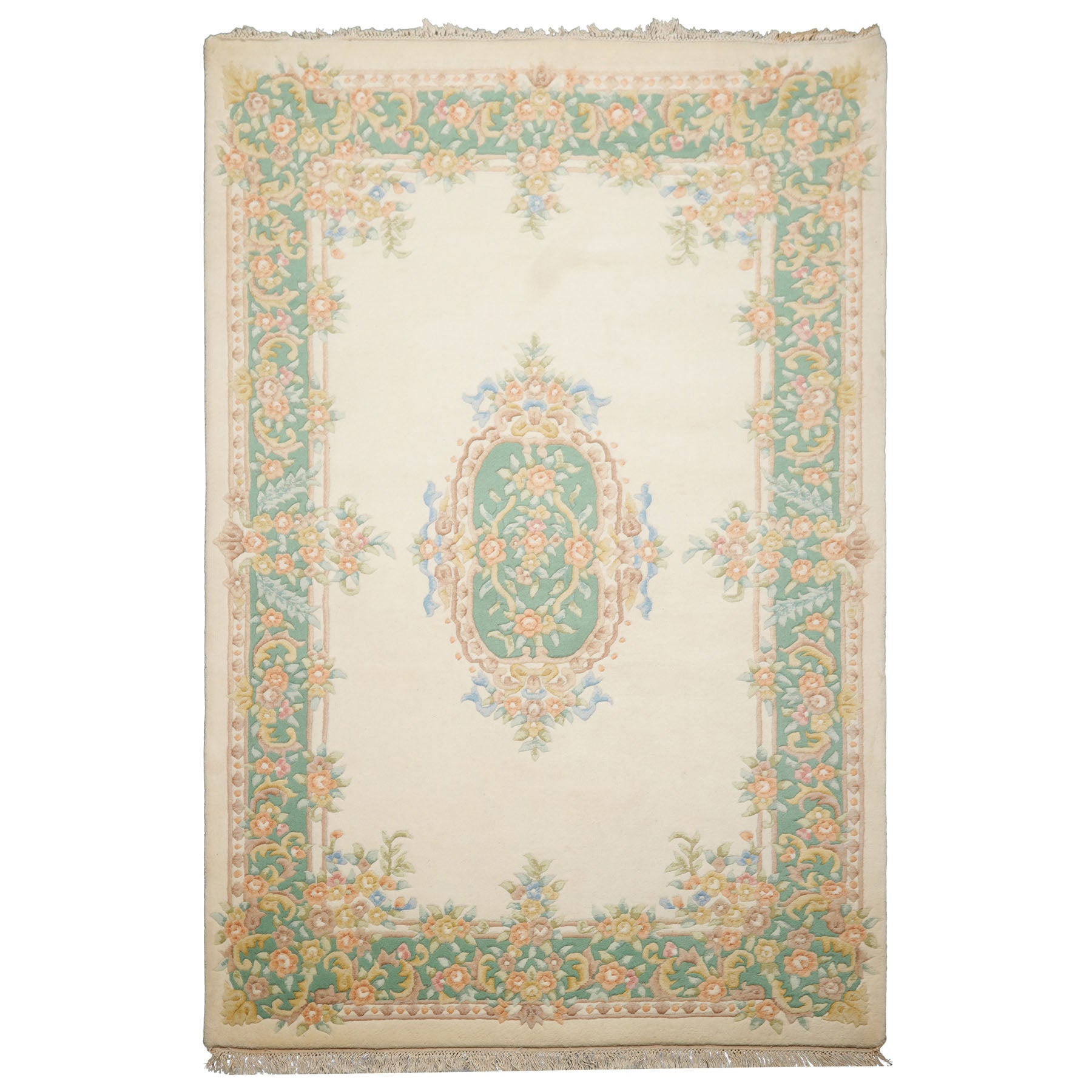 6x9 Ivory, Aqua, Peach Color Hand Knotted Aubusson Savonnerie Wool Traditional Oriental Rug