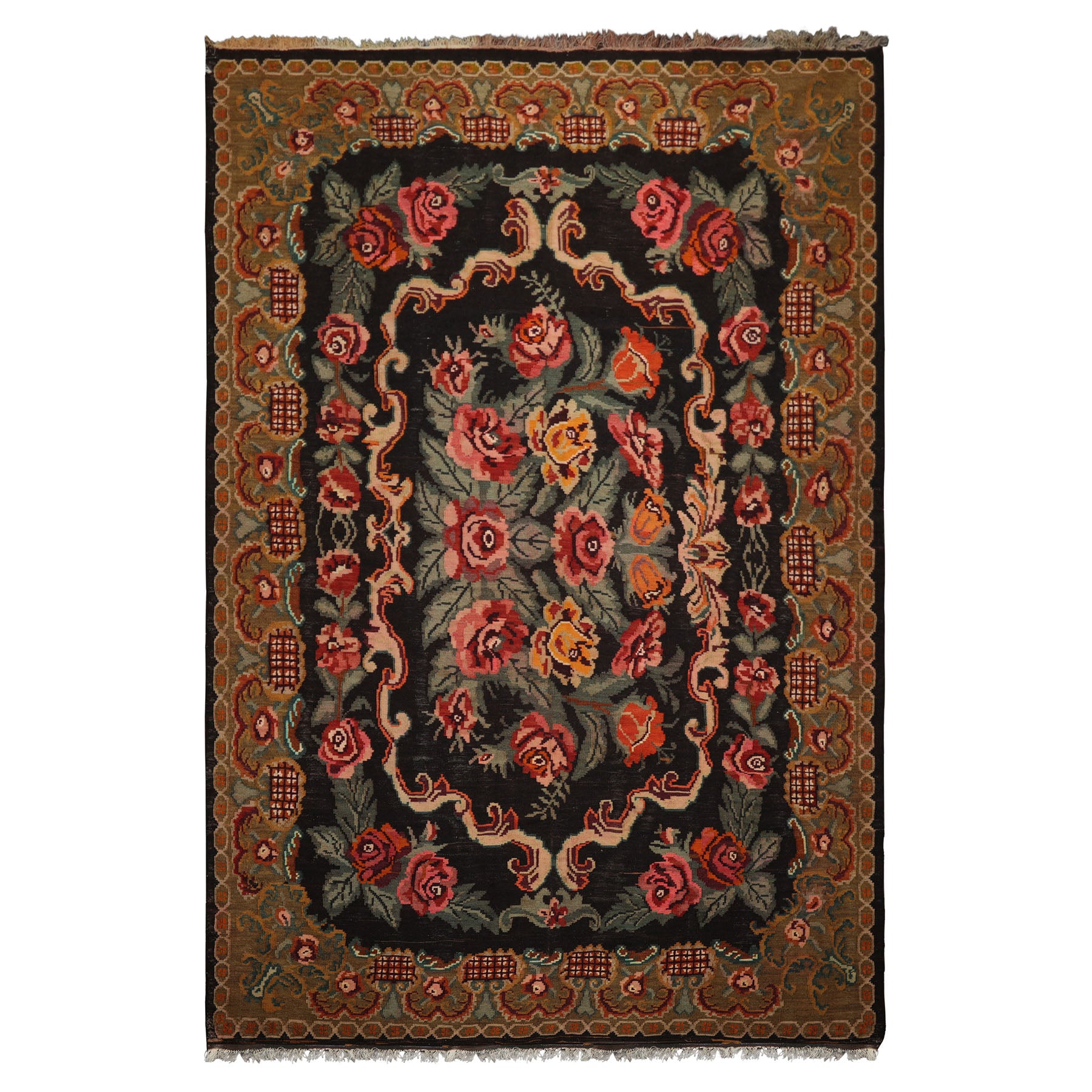 6x11 Charcoal, Mustard, Turquoise Color Hand Woven Caucasian Kilim Wool Botanical Oriental Rug