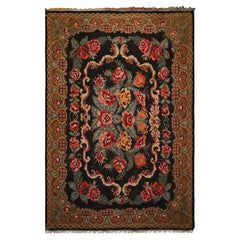 6x11 Charcoal, Mustard, Turquoise Color Hand Woven Caucasian Kilim Wool Botanical Oriental Rug