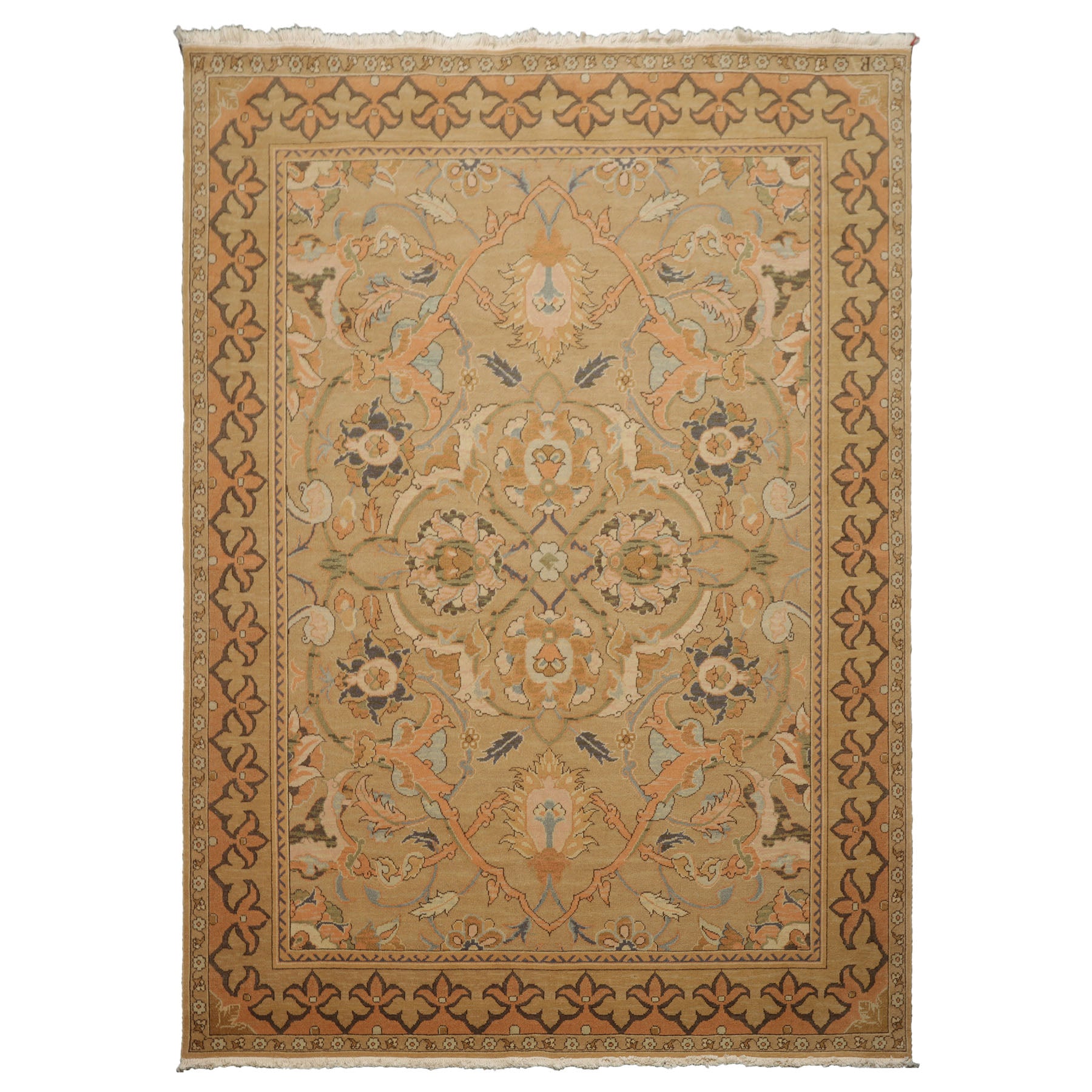 6x7 Khaki, Light Peach, Ivory Color Hand Knotted Aubusson Savonnerrie Wool Traditional Oriental Rug