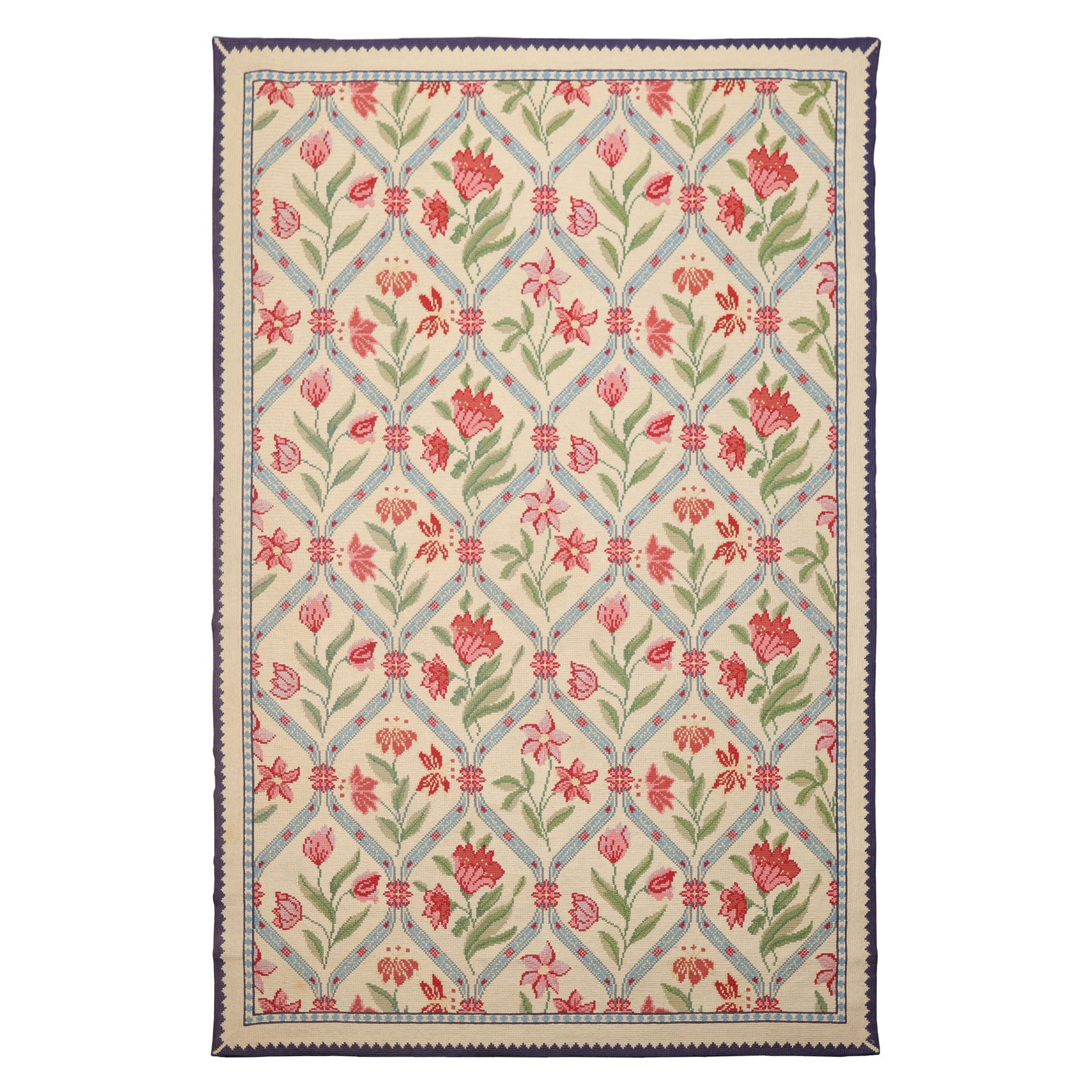 6x8 Ivory, Blue, Rose Color Hand Woven Caucasian Needlepoint Wool Traditional Oriental Rug