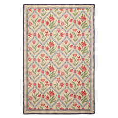 6x8 Ivory, Blue, Rose Color Hand Woven Caucasian Needlepoint Wool Traditional Oriental Rug