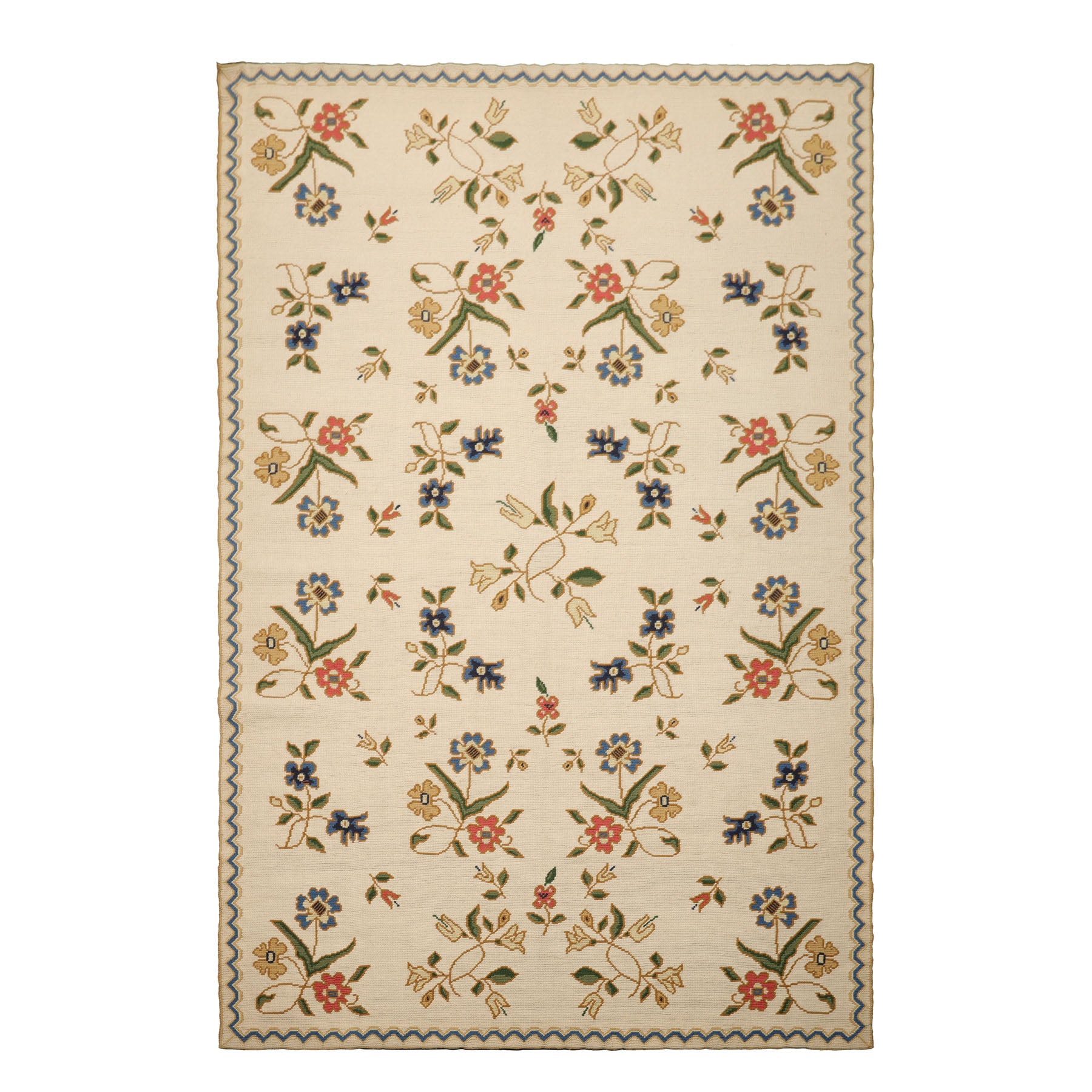 6x9 Ivory, Green, Blue Color Hand Woven Needlepoint Wool Traditional Oriental Rug
